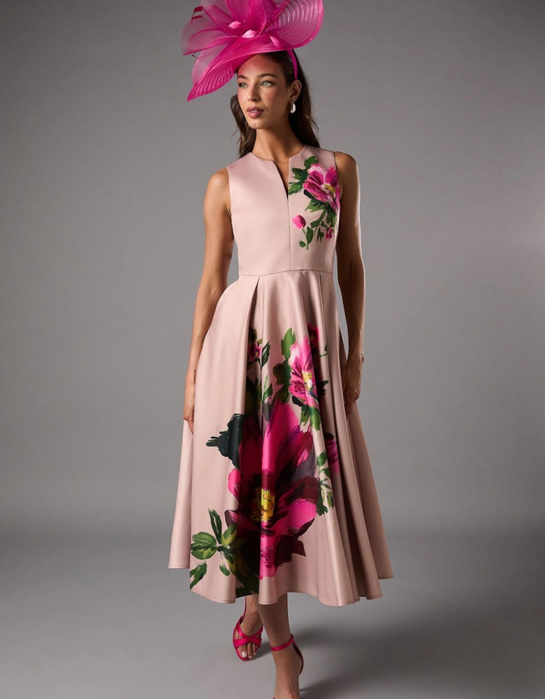 Notch Neck Placement Print Midi Dress