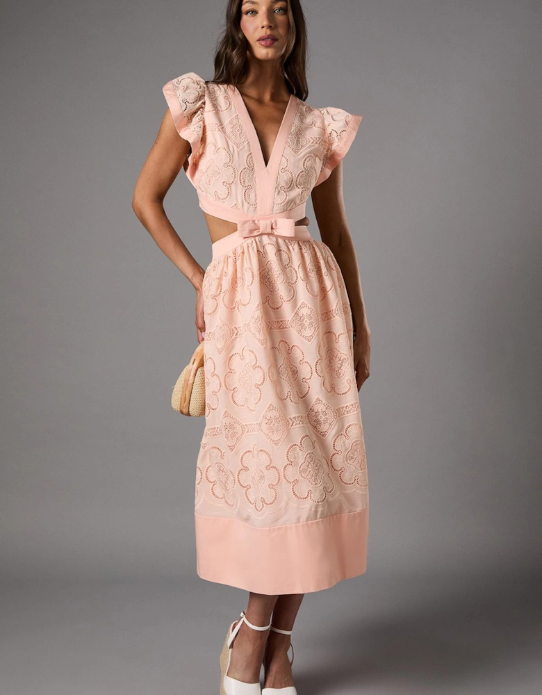 V Neck Cut Out Lace Midi Dress