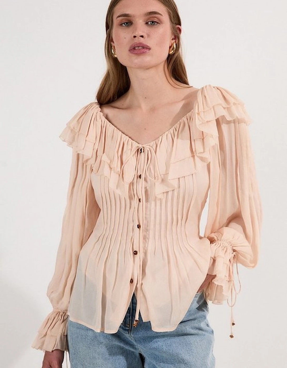 Crinkle Viscose Georgette Pin Tuck Detail Ruffle Woven Blouse, 5 of 4