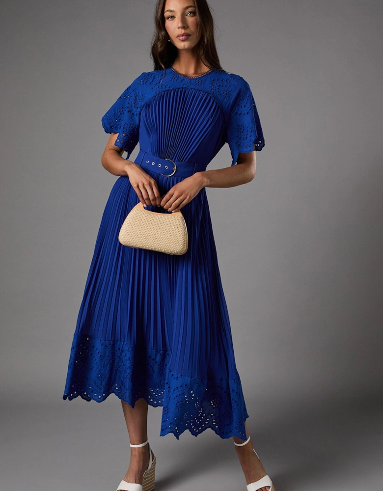 Short Sleeve Pleated Chiffon Midi Dress With Broderie Trim