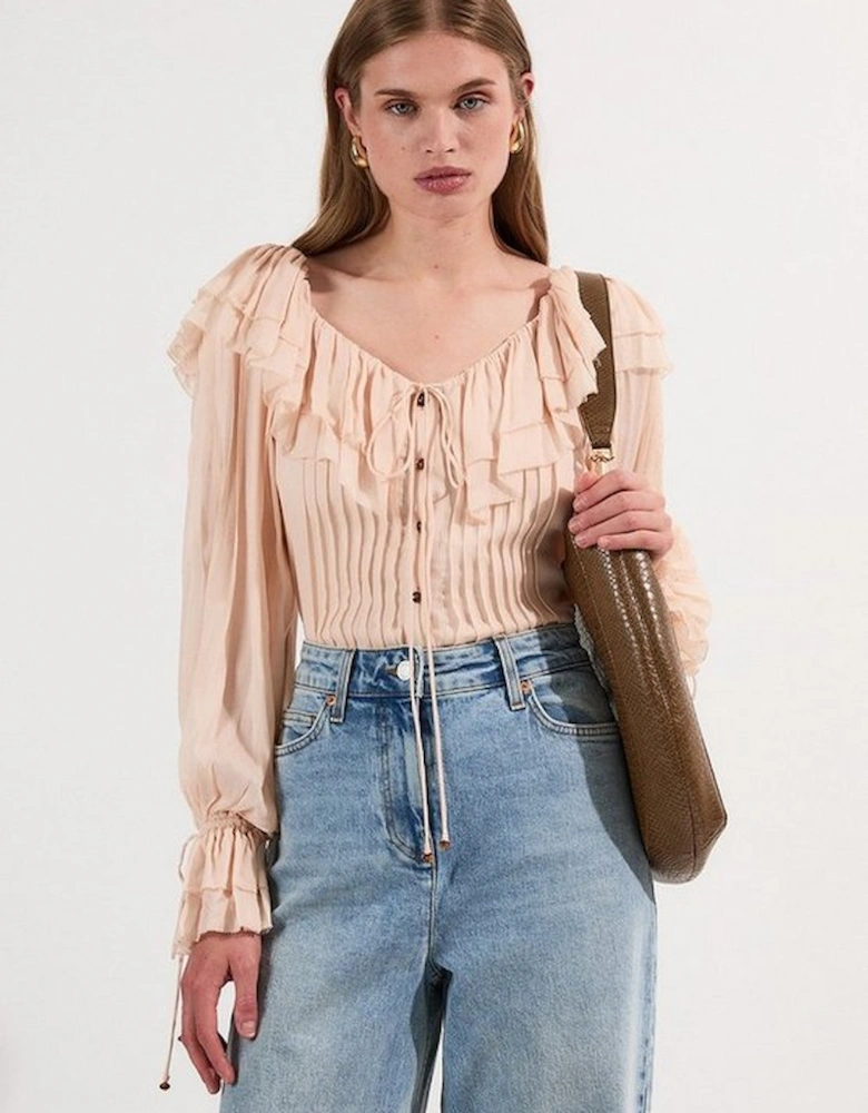 Crinkle Viscose Georgette Pin Tuck Detail Ruffle Woven Blouse