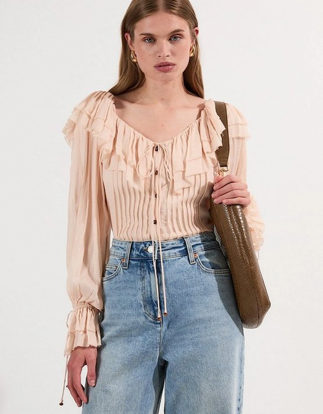 Crinkle Viscose Georgette Pin Tuck Detail Ruffle Woven Blouse