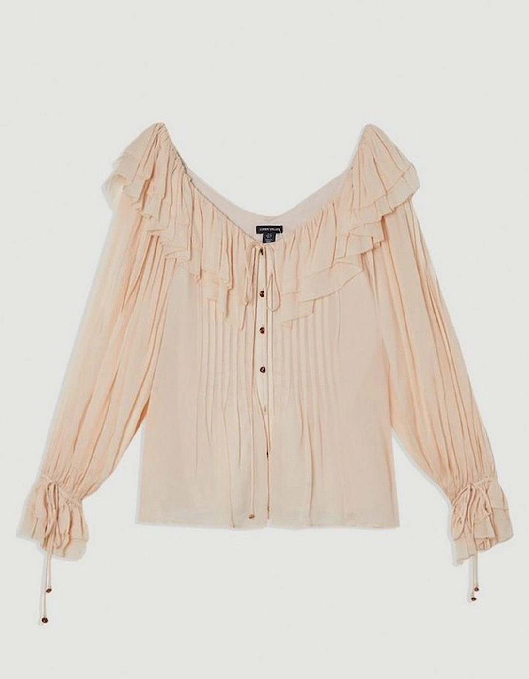 Crinkle Viscose Georgette Pin Tuck Detail Ruffle Woven Blouse
