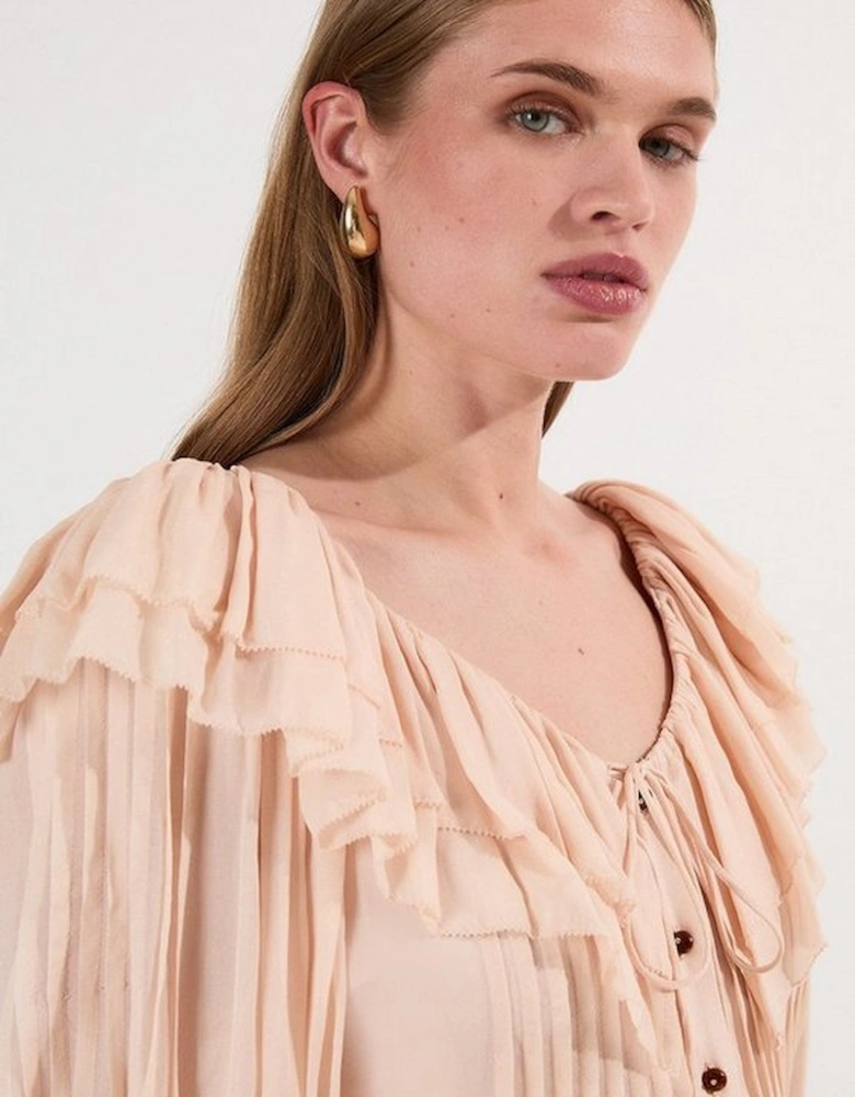 Crinkle Viscose Georgette Pin Tuck Detail Ruffle Woven Blouse