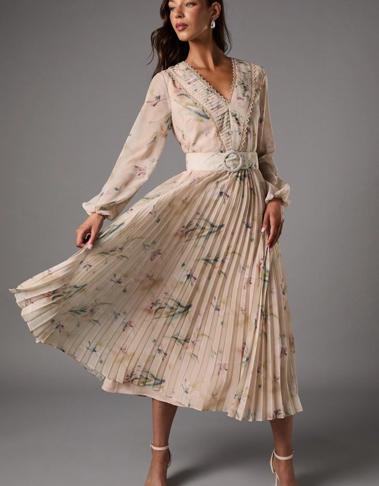 Long Sleeve V Neck Pleated Midi Dress With Belt