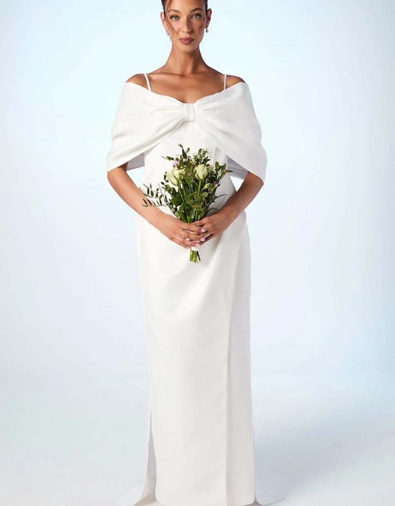 Bardot Satin Bridal Dress With Bow Back Detail