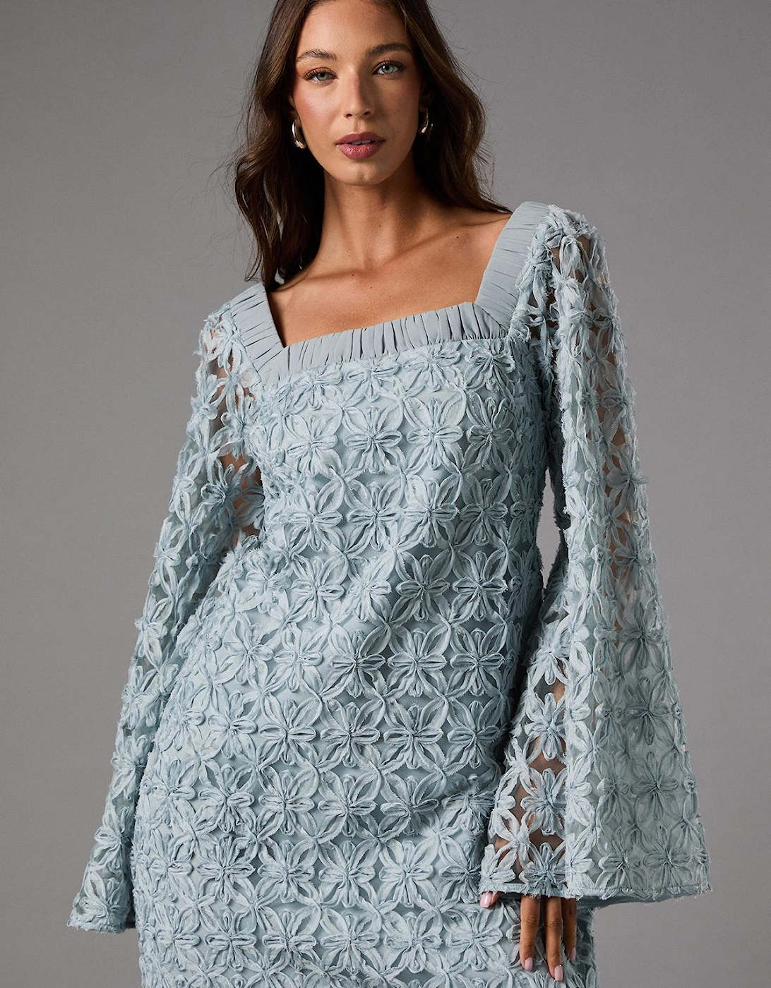 Long Sleeve Square Neck Embroidered Mini Dress, 2 of 1