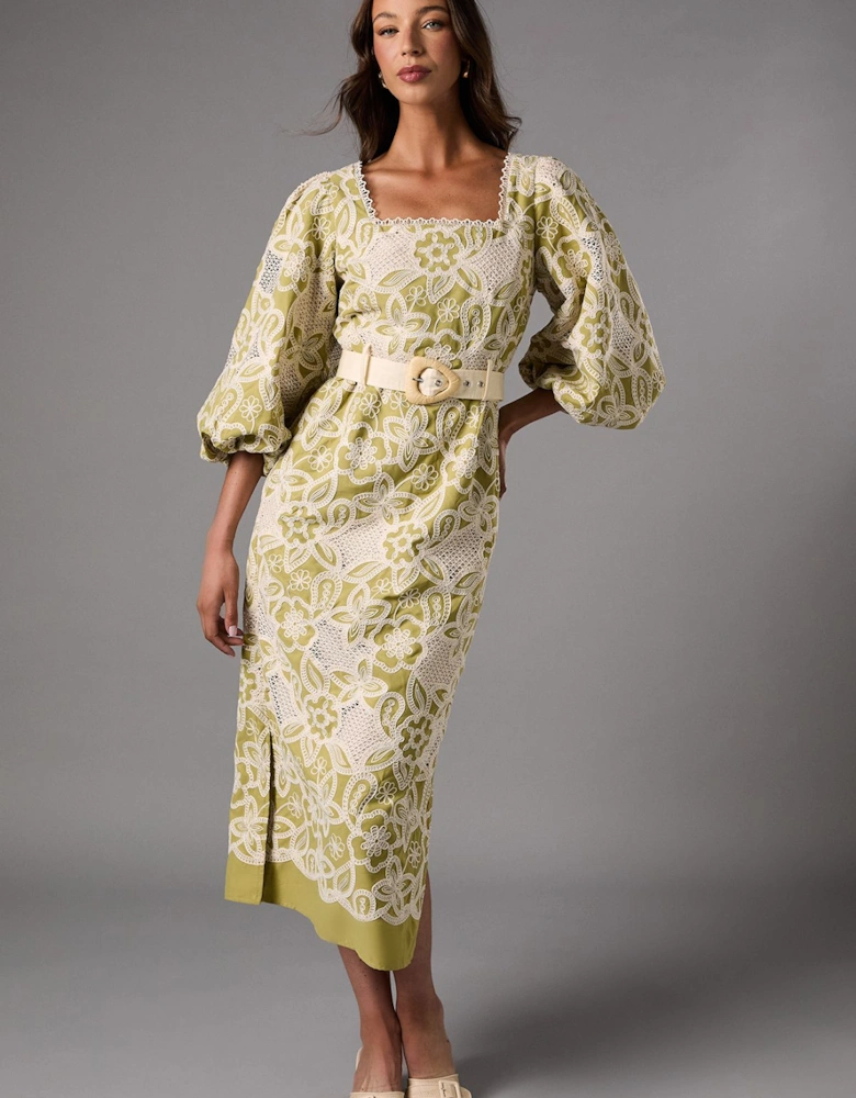 Blouson Sleeve Belted Lace Midi Dress