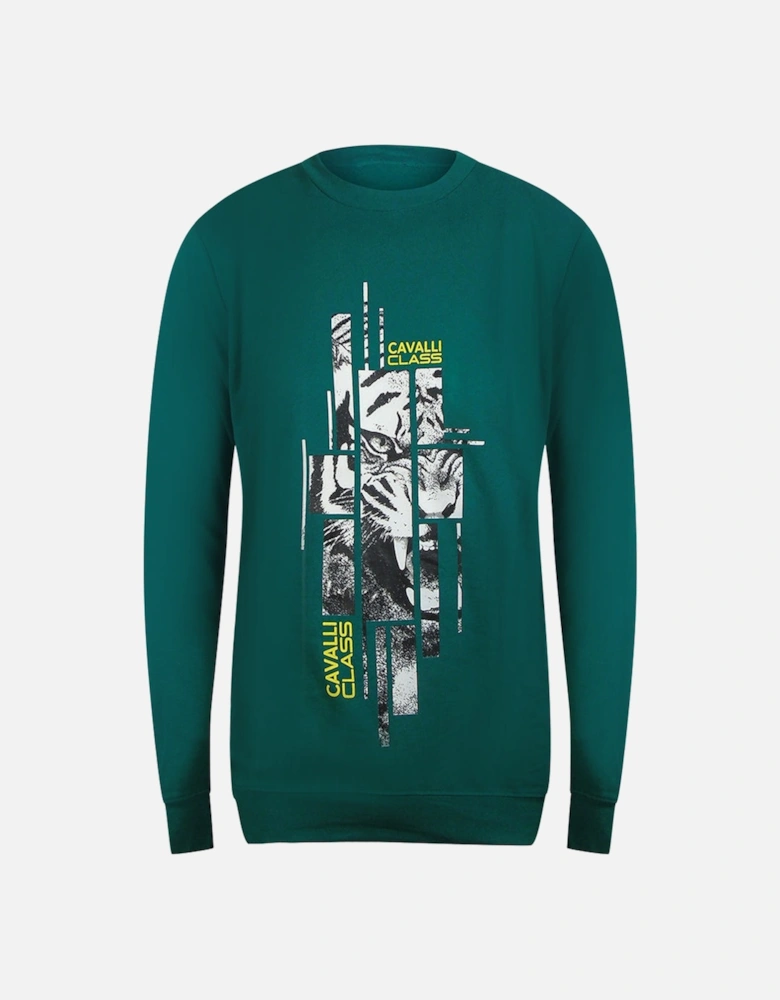 Cavalli Class Splintered Tiger Graphic Green Ottanio Sweatshirt