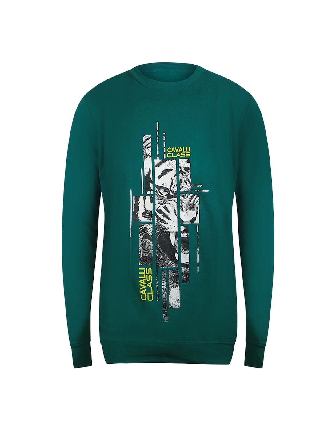 Men's Cavalli Class Splintered Tiger Graphic Green Ottanio Sweatshirt - Size: XL
