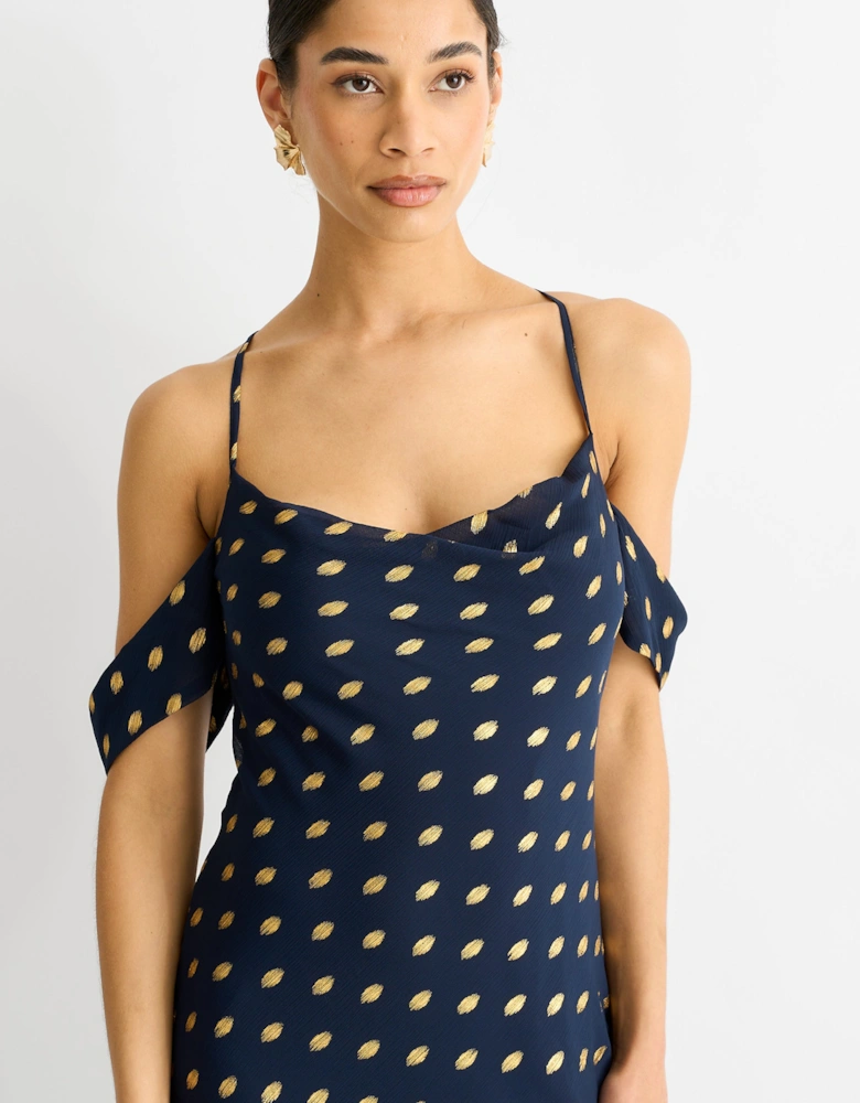 Navy Cowl Neck Drop Sleeves Foil Maxi Dress