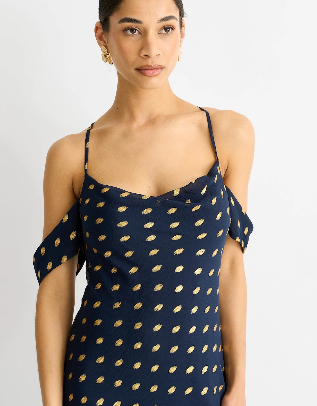 Navy Cowl Neck Drop Sleeves Foil Maxi Dress