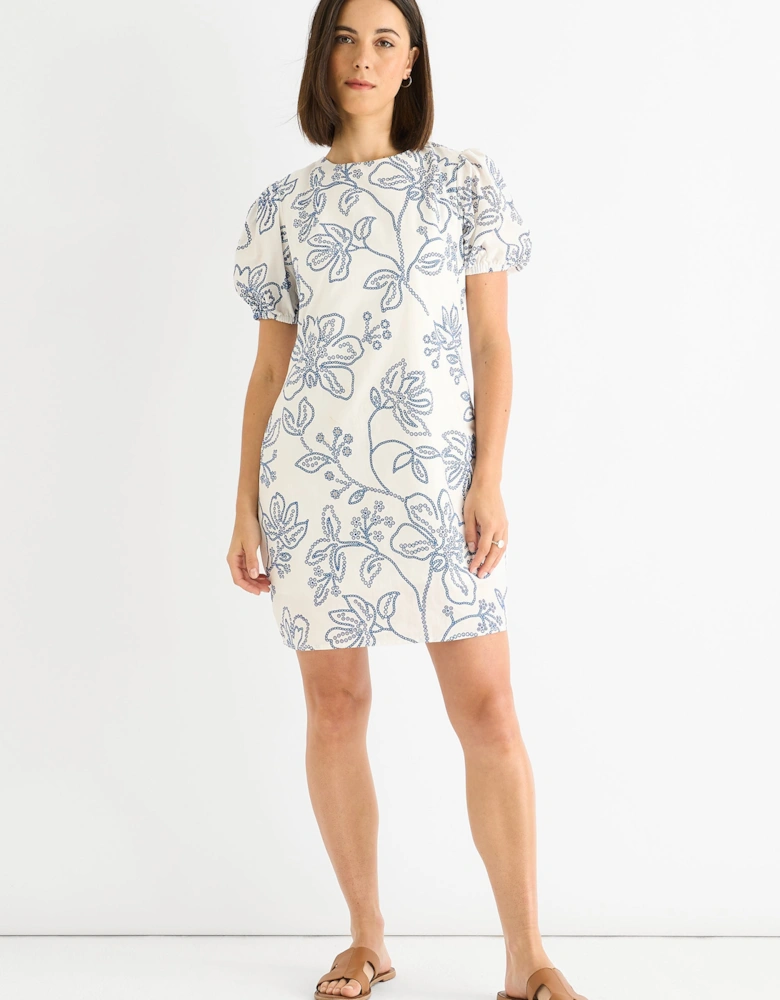 White Blue Floral Embroidered Mini Dress