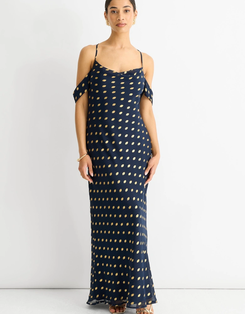 Navy Cowl Neck Drop Sleeves Foil Maxi Dress