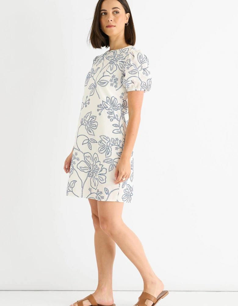 White Blue Floral Embroidered Mini Dress