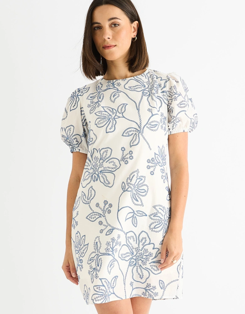 White Blue Floral Embroidered Mini Dress