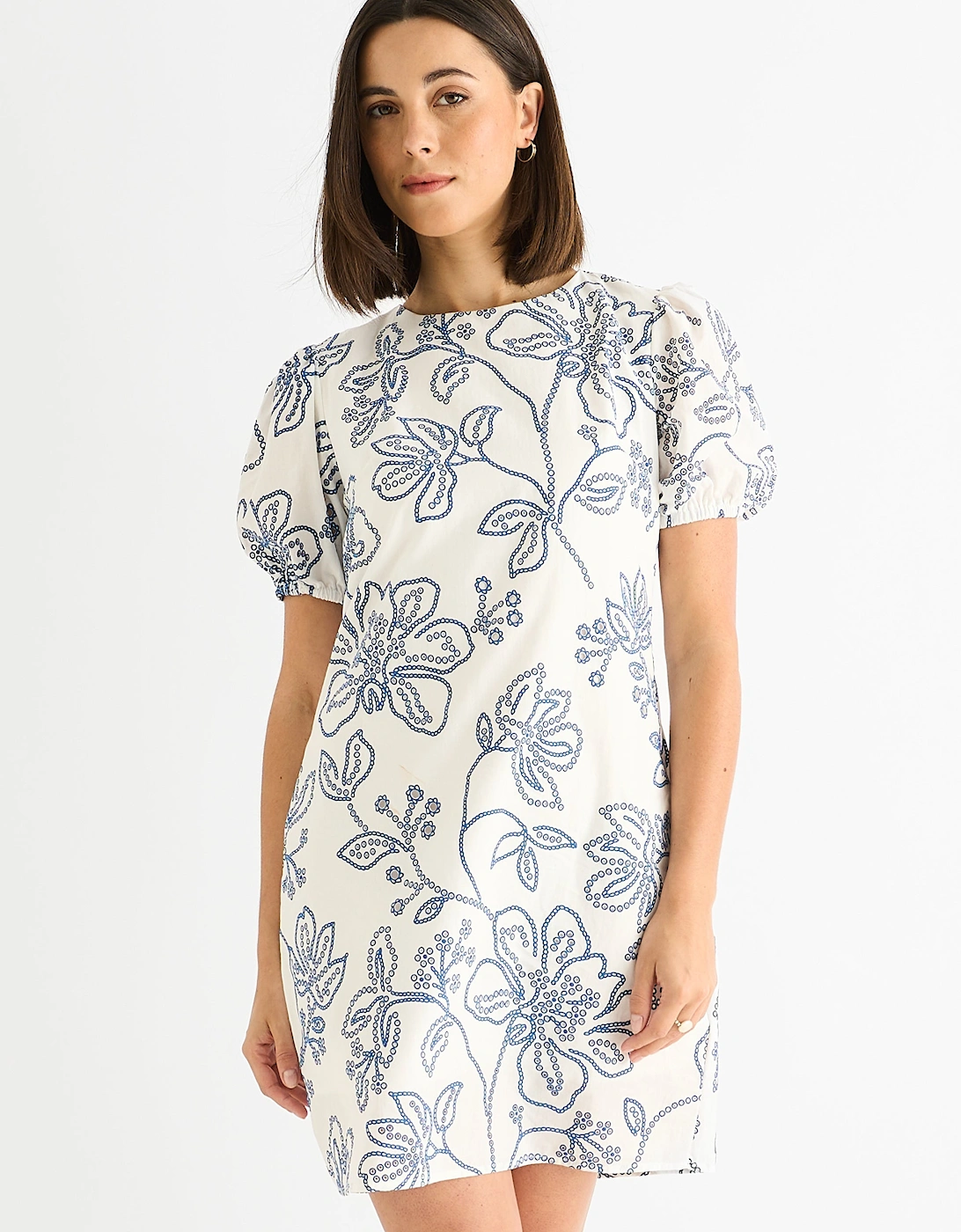 White Blue Floral Embroidered Mini Dress