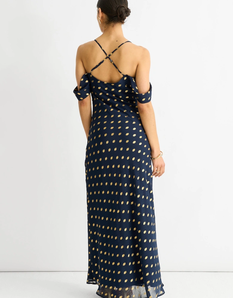 Navy Cowl Neck Drop Sleeves Foil Maxi Dress
