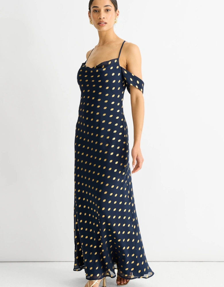 Navy Cowl Neck Drop Sleeves Foil Maxi Dress