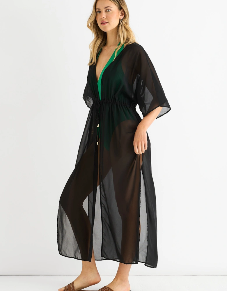 Black Flowy Open Front Beach Cover Kimono