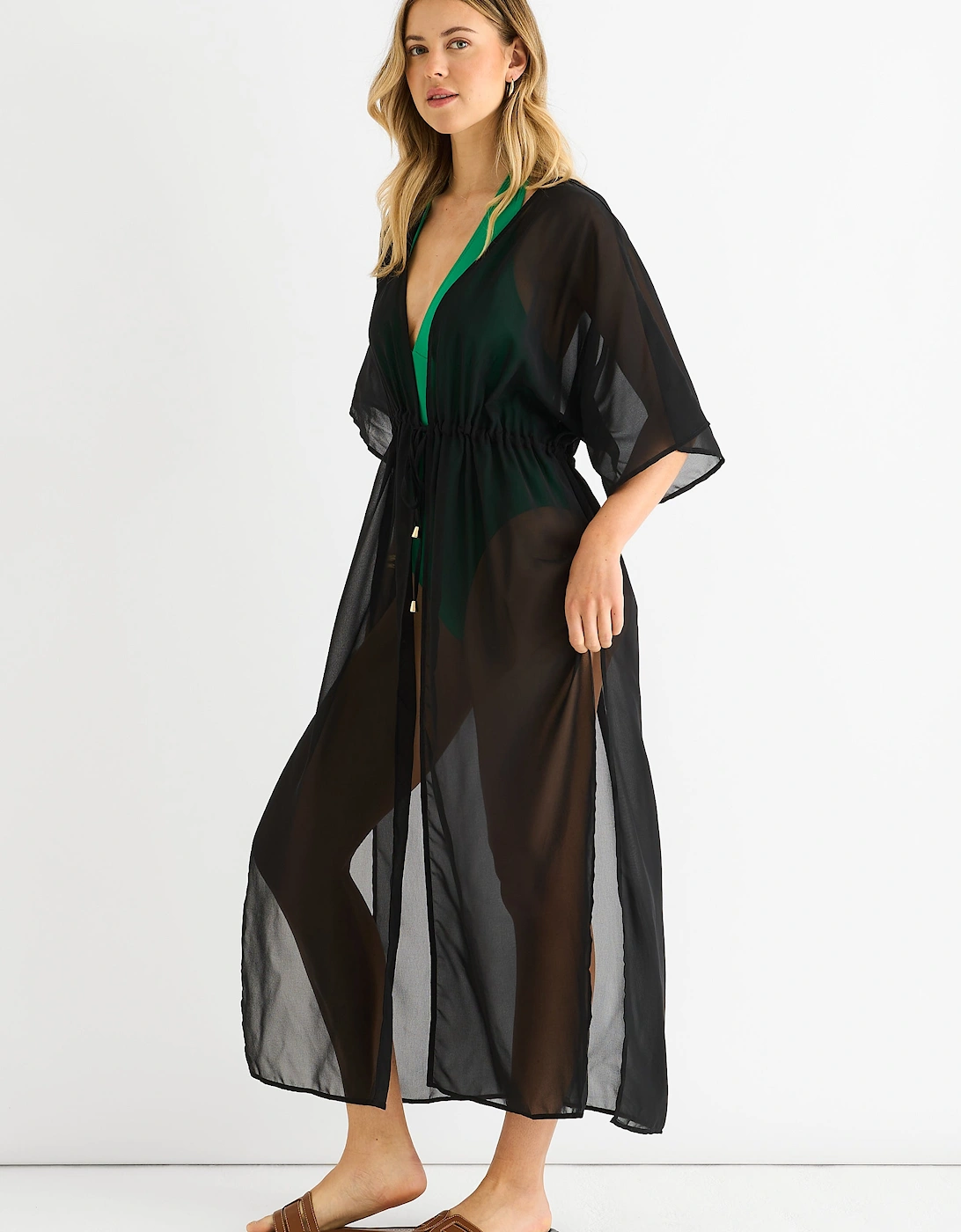 Black Flowy Open Front Beach Cover Kimono