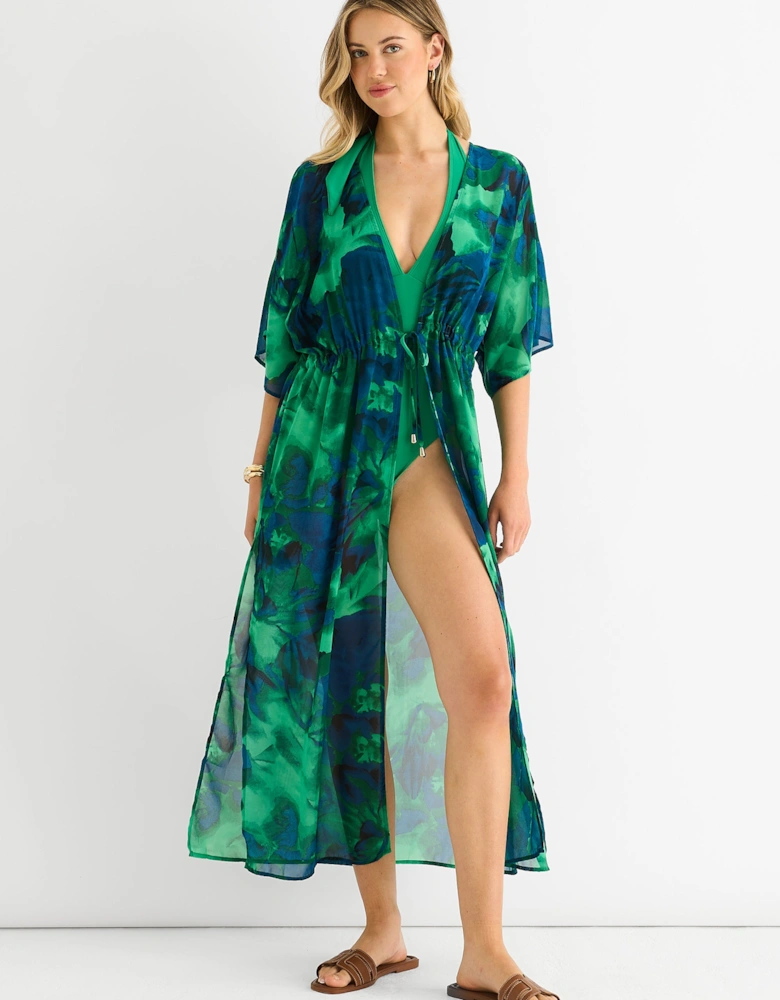 Green Flowy Open Front Beach Cover Kimono