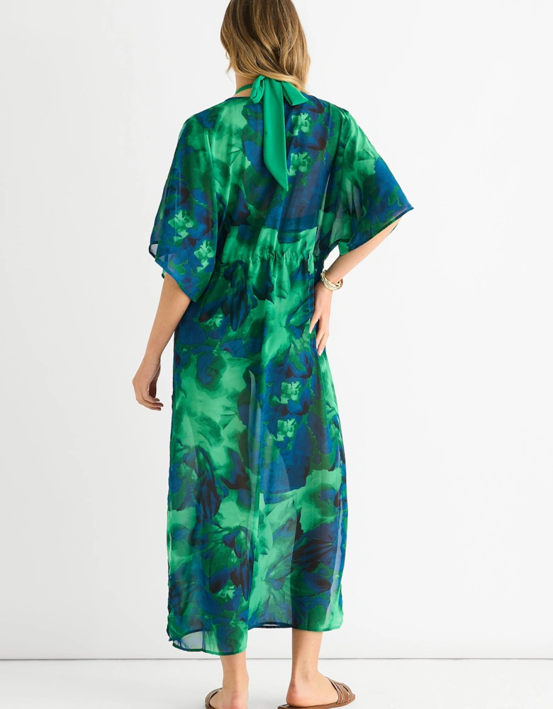 Green Flowy Open Front Beach Cover Kimono