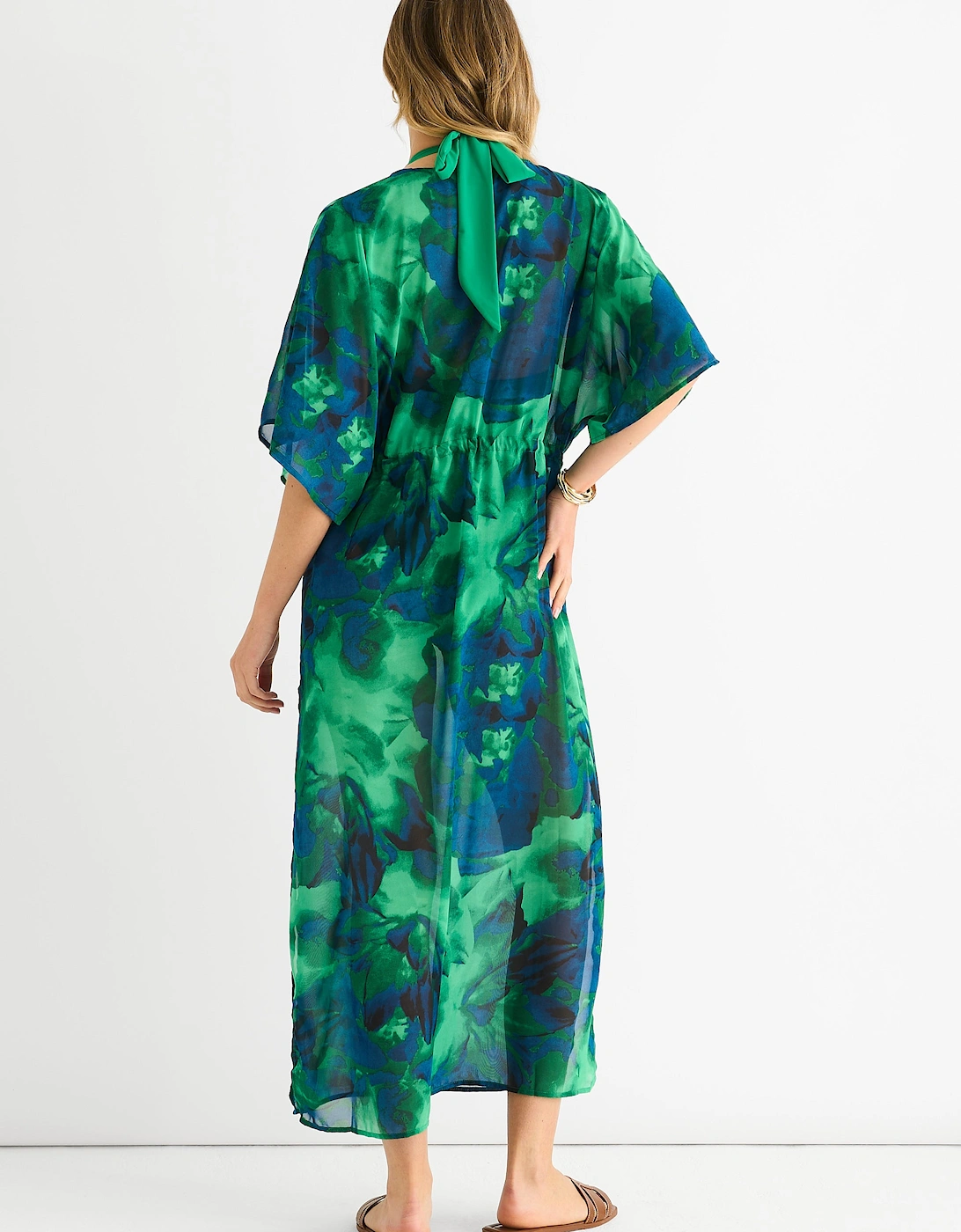 Green Flowy Open Front Beach Cover Kimono