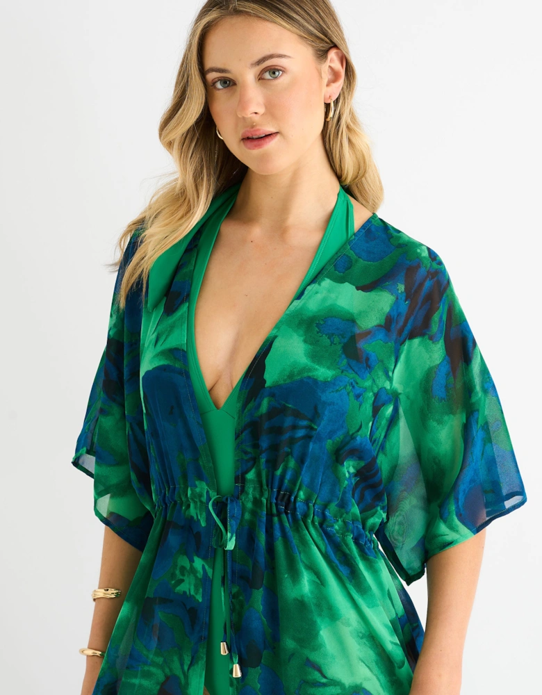 Green Flowy Open Front Beach Cover Kimono