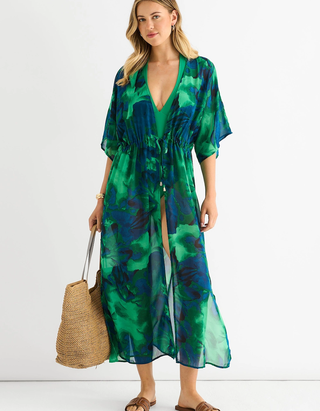 Green Flowy Open Front Beach Cover Kimono, 5 of 4