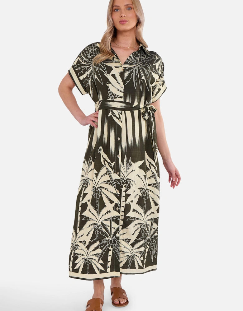 Khaki Tropical Print Midi Shirt Dress