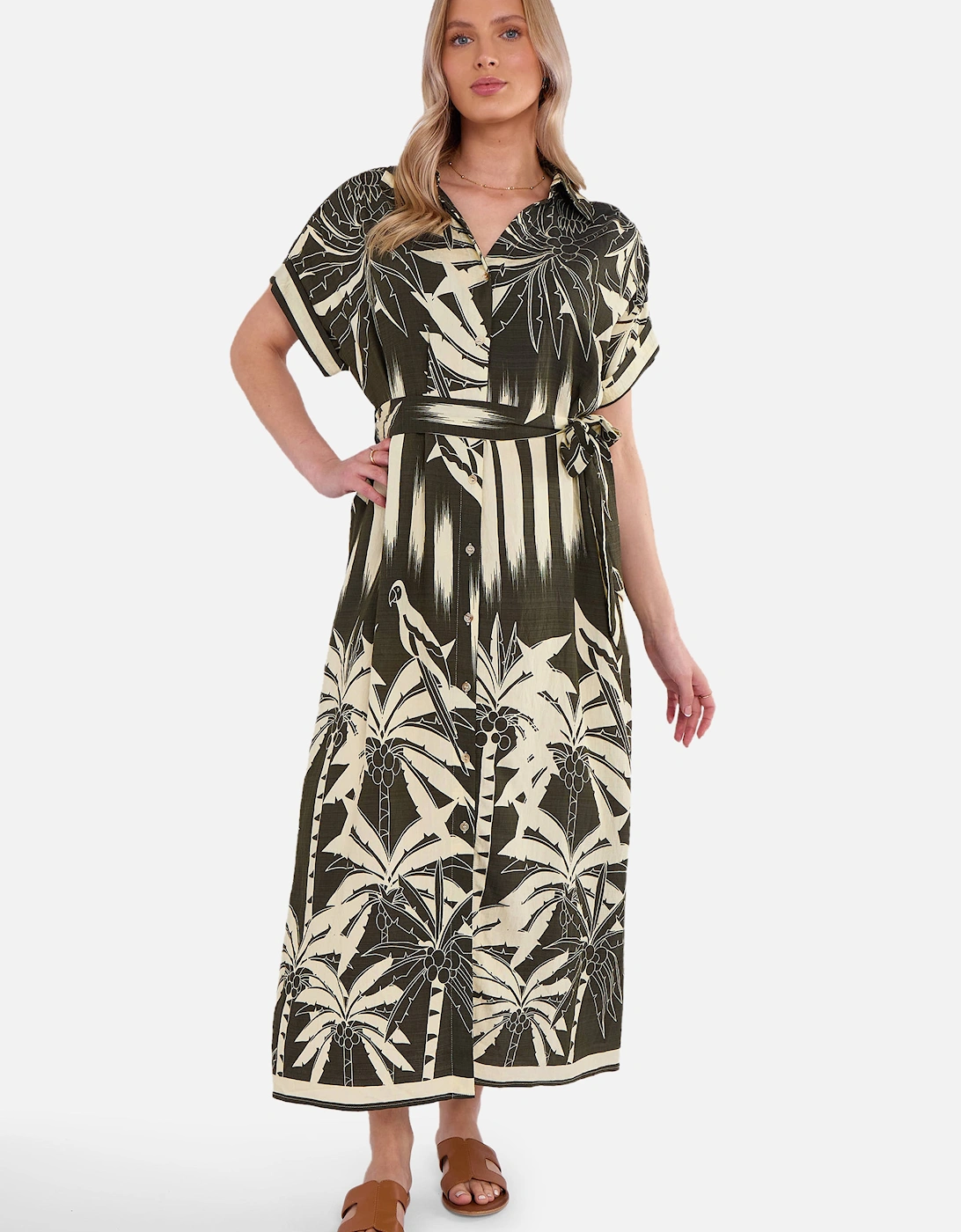 Khaki Tropical Print Midi Shirt Dress, 5 of 4