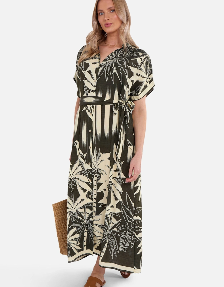 Khaki Tropical Print Midi Shirt Dress