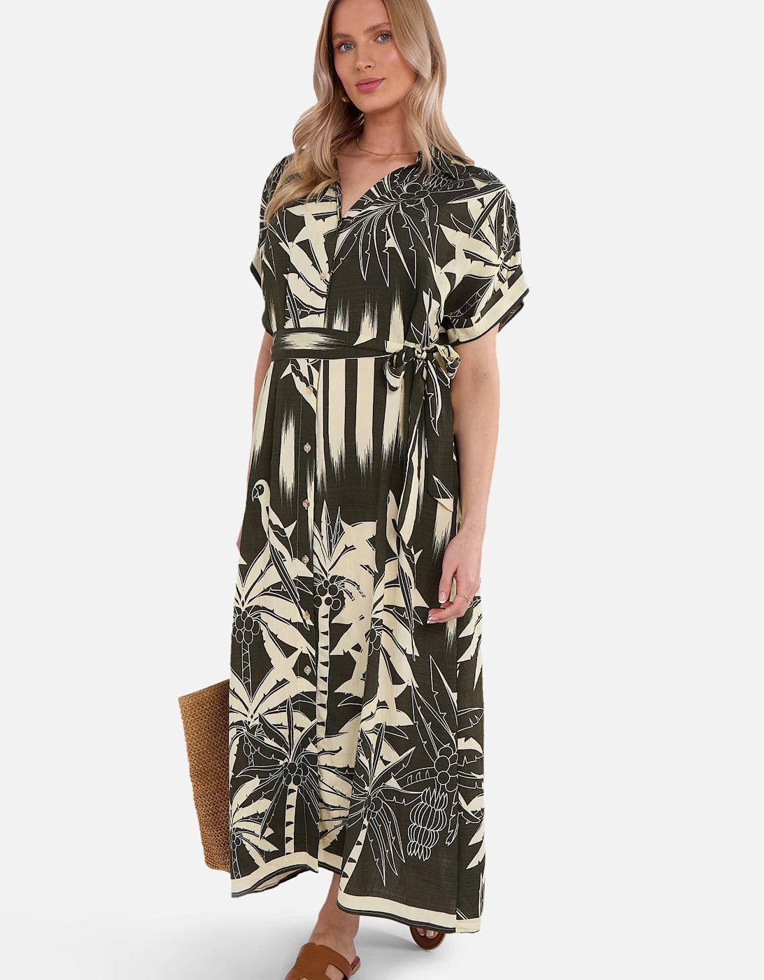 Khaki Tropical Print Midi Shirt Dress