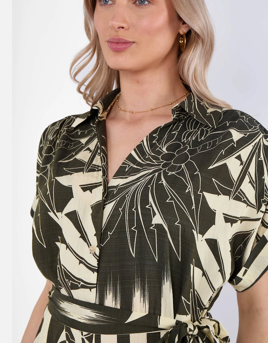 Khaki Tropical Print Midi Shirt Dress