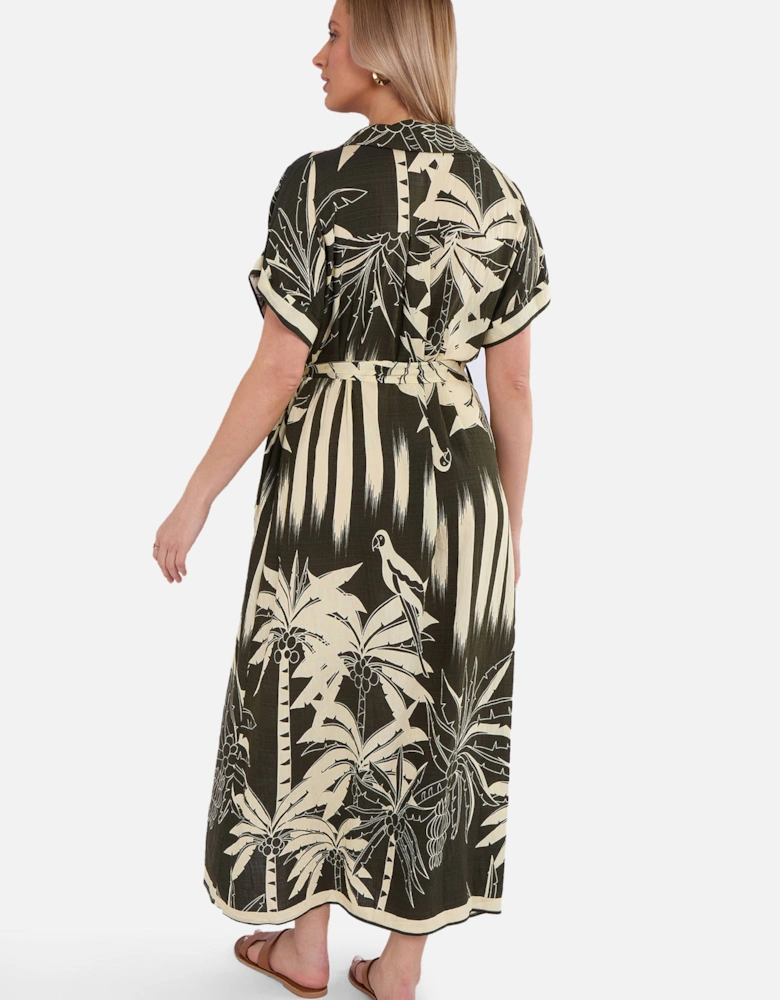 Khaki Tropical Print Midi Shirt Dress