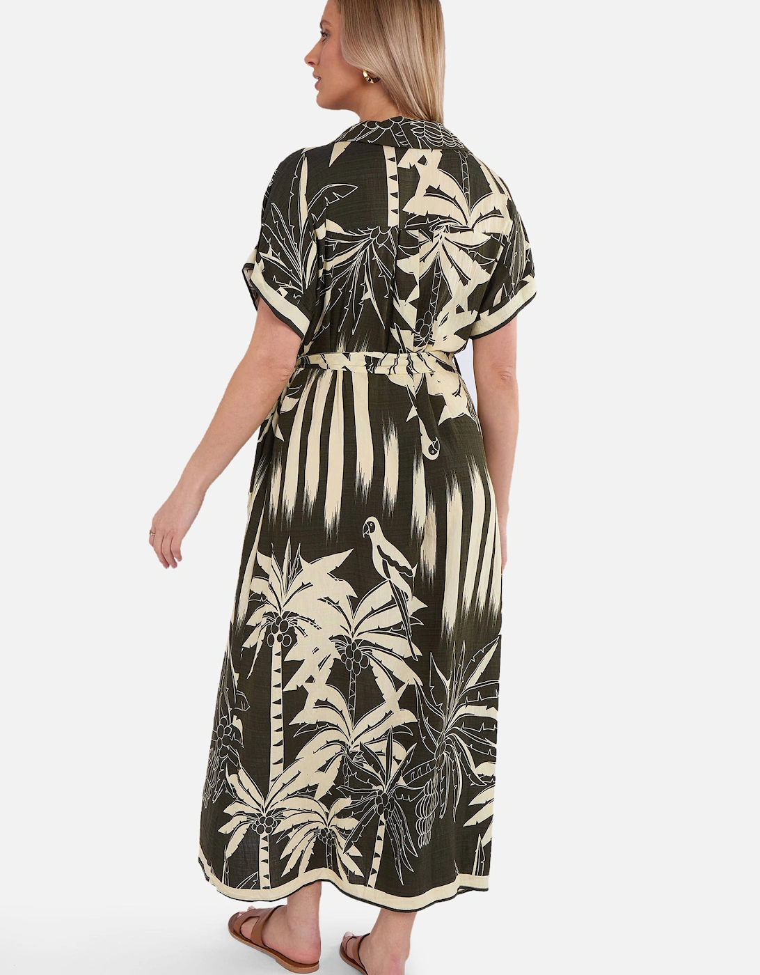 Khaki Tropical Print Midi Shirt Dress