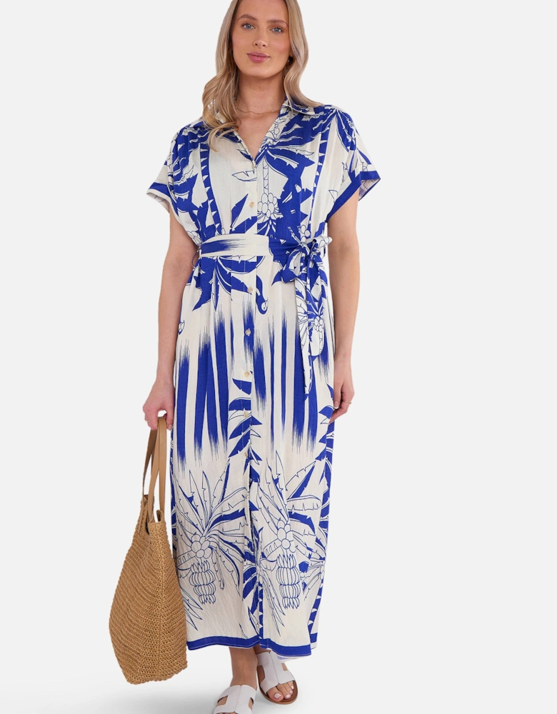 Blue Tropical Print Midi Shirt Dress