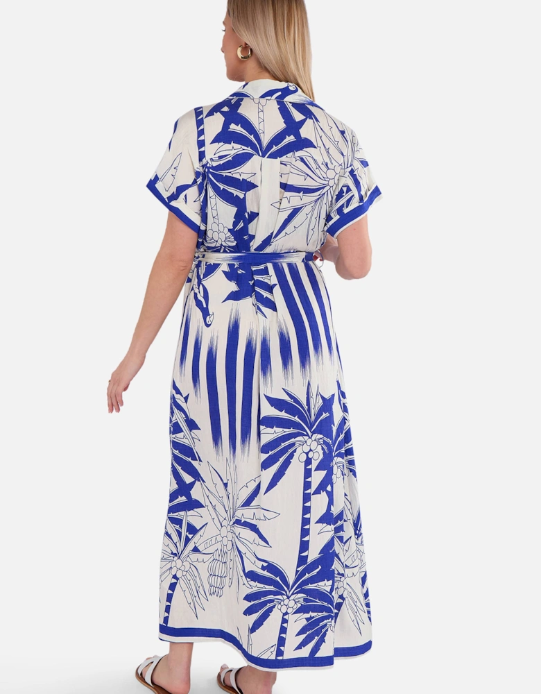 Blue Tropical Print Midi Shirt Dress