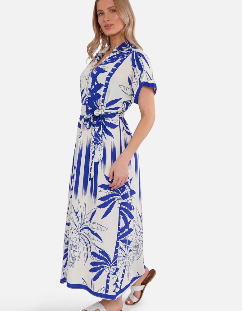 Blue Tropical Print Midi Shirt Dress