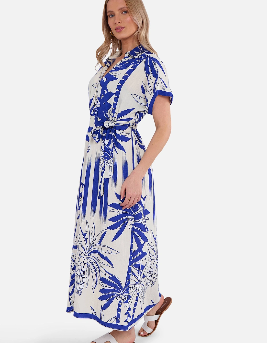 Blue Tropical Print Midi Shirt Dress