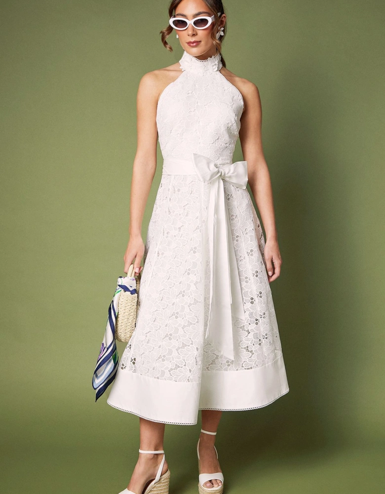 Halterneck Belted Lace Midi Dress