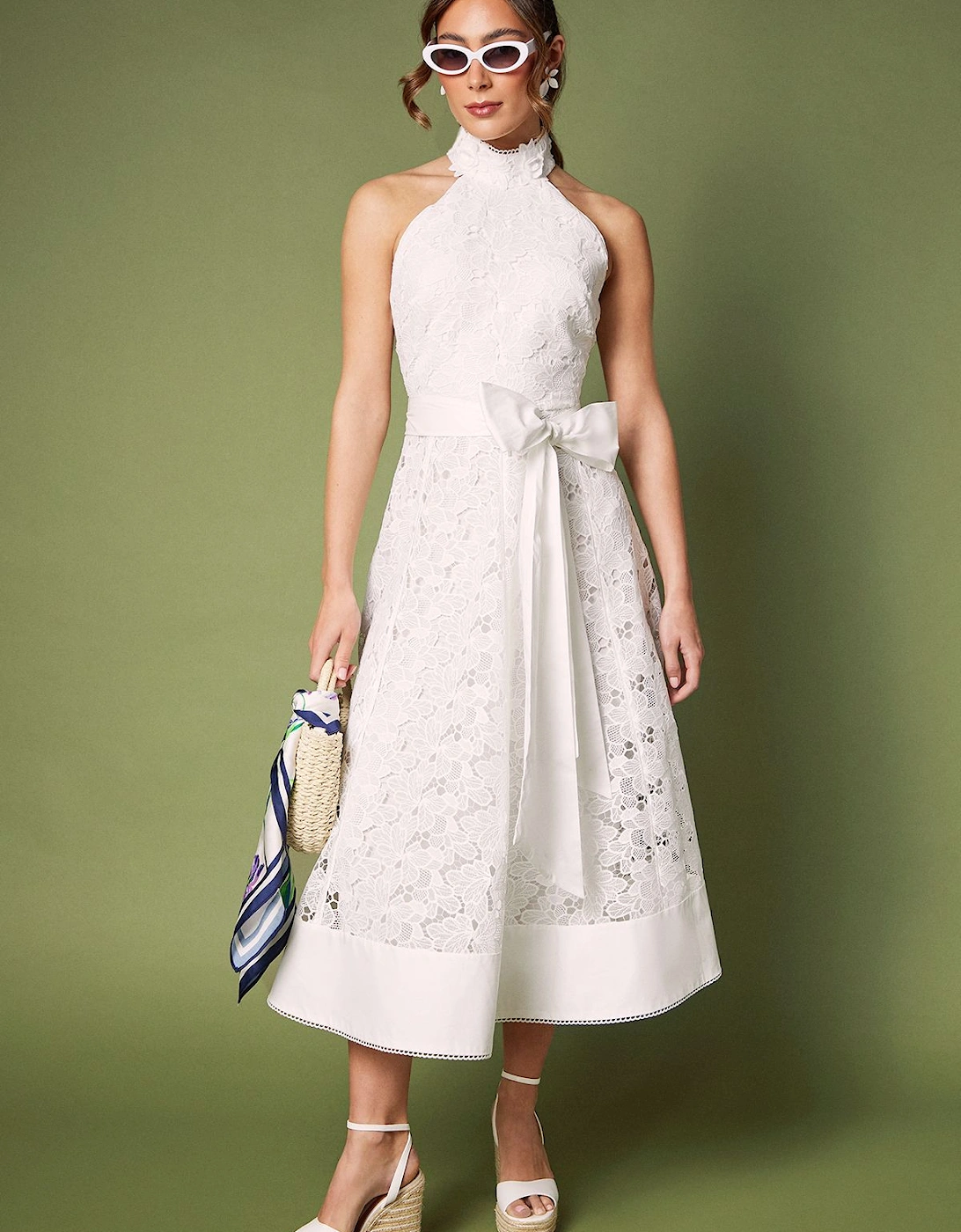 Halterneck Belted Lace Midi Dress, 2 of 1