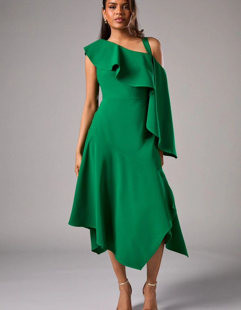Petite One Shoulder Ruffle Crepe Midi Wedding Guest Dress