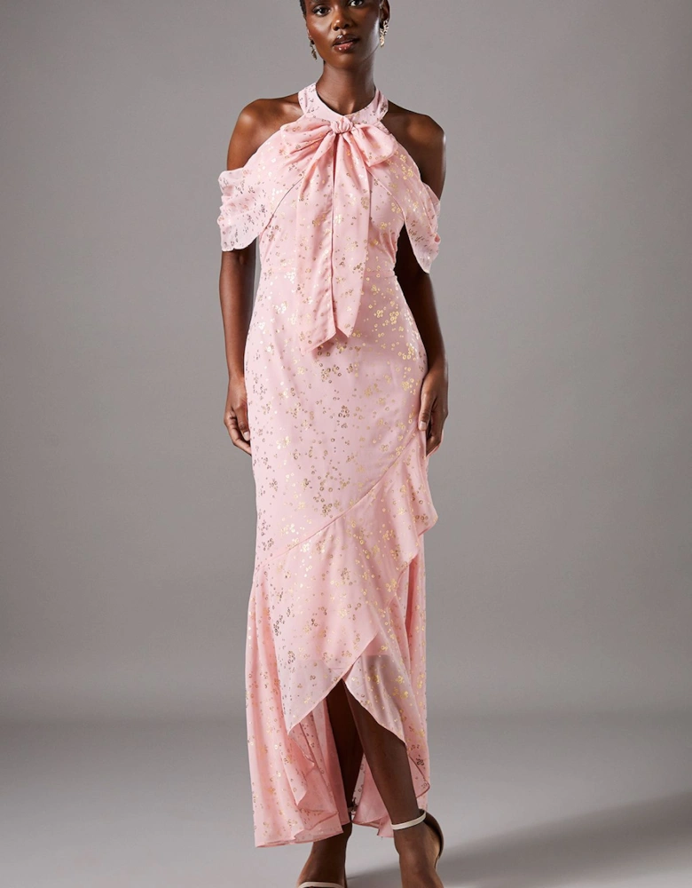 Cold Shoulder Jacquard Midi Dress With Wrap Skirt And Tie Neck