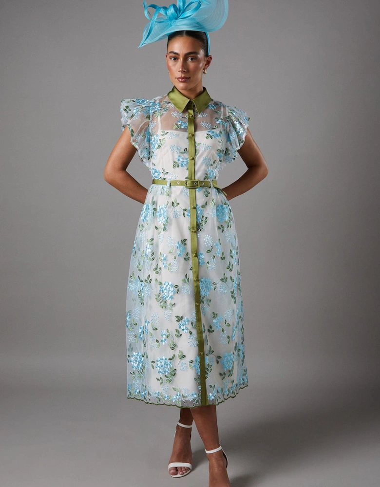 Embroidered Mesh Shirt Midi Dress