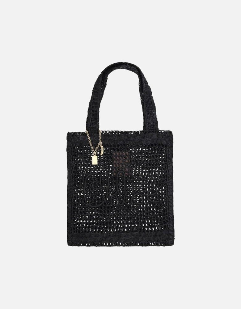 Raffia Tote Bag with Monogram and Banana Pendant Women - Black