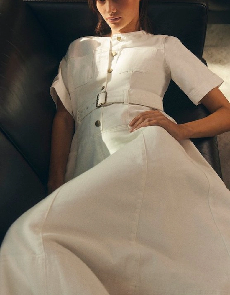 Denim Soft Wash Short Sleeve Belted Midi Dress