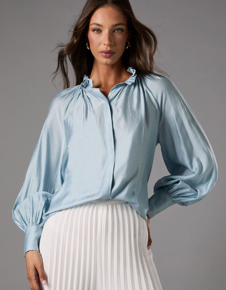 Long Sleeve High Neck Blouse With Blouson Sleeve