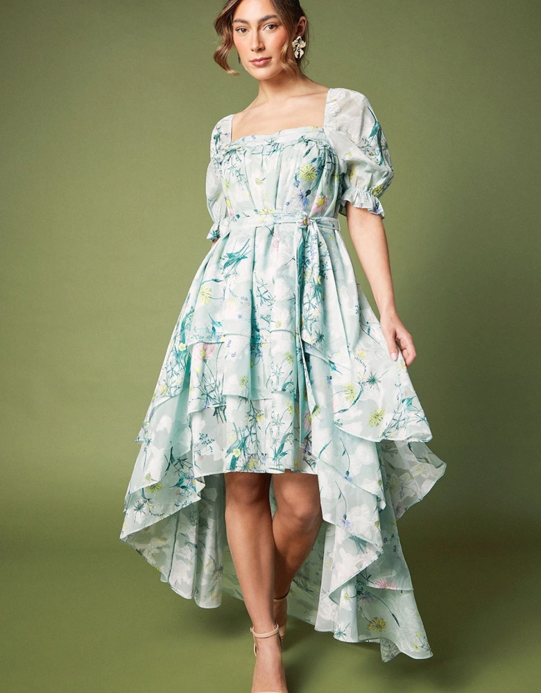 Short Puff Sleeve Printed Chiffon High Low Hem Dress With Tiers